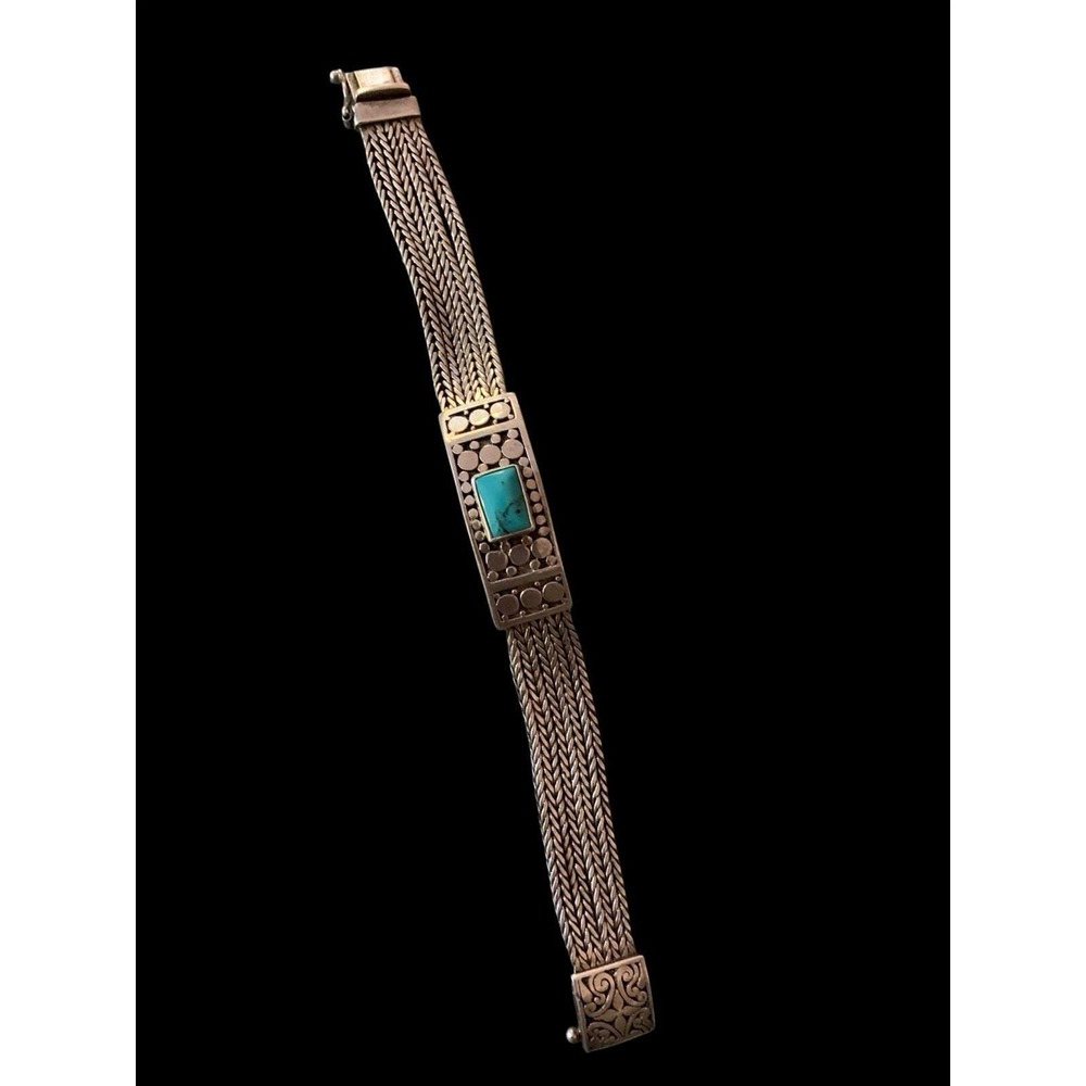 925 Sterling Silver Turkish Braided Bracelet With Turquoise Stone 1960s